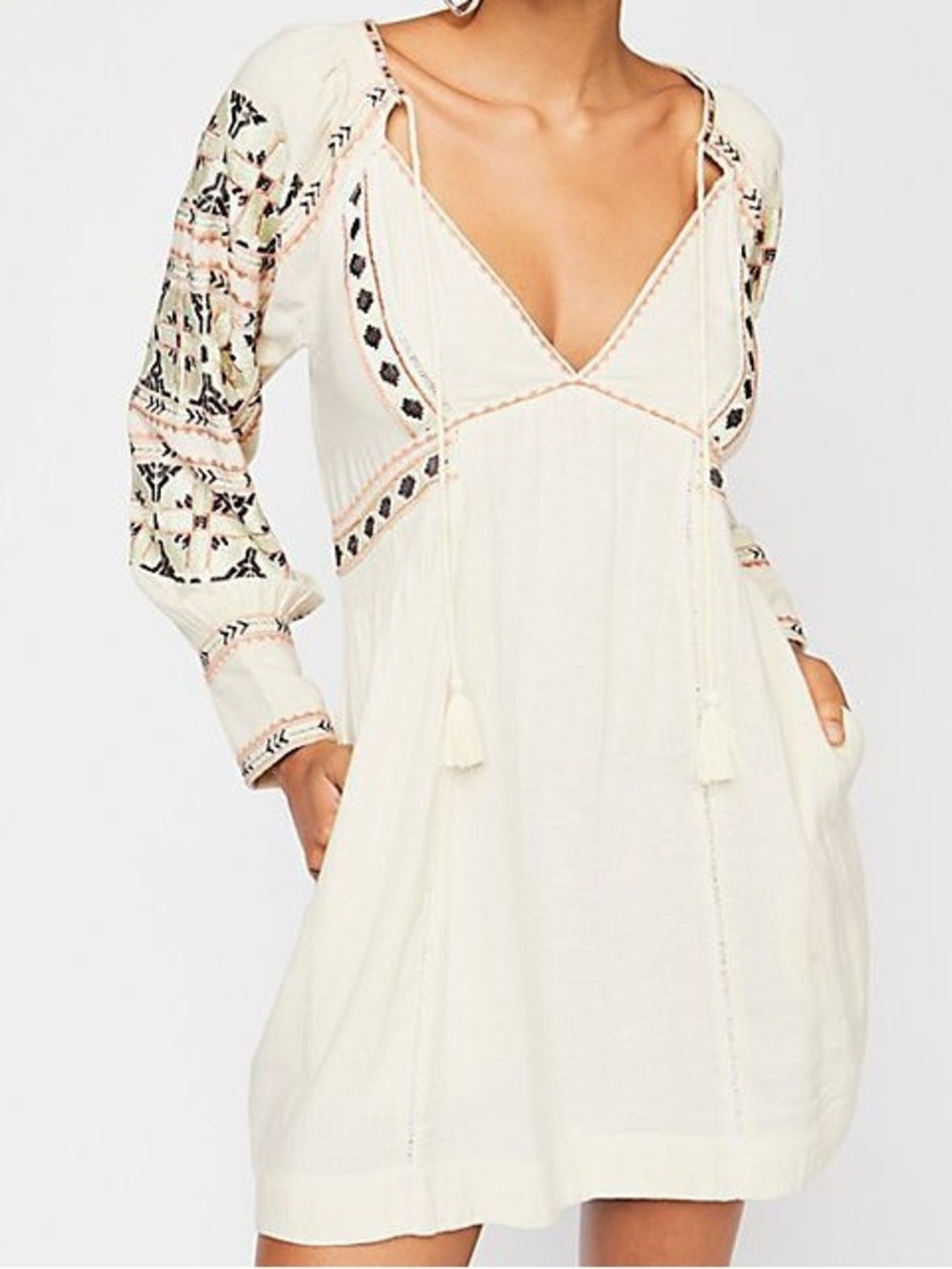 Free People All My Life Embroidered Boho Dress V-Neck Long Sleeve Cream size S - Picture 9 of 16